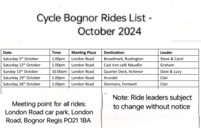 cyclebognor's tweet image. Our cycling schedule for October 2024!