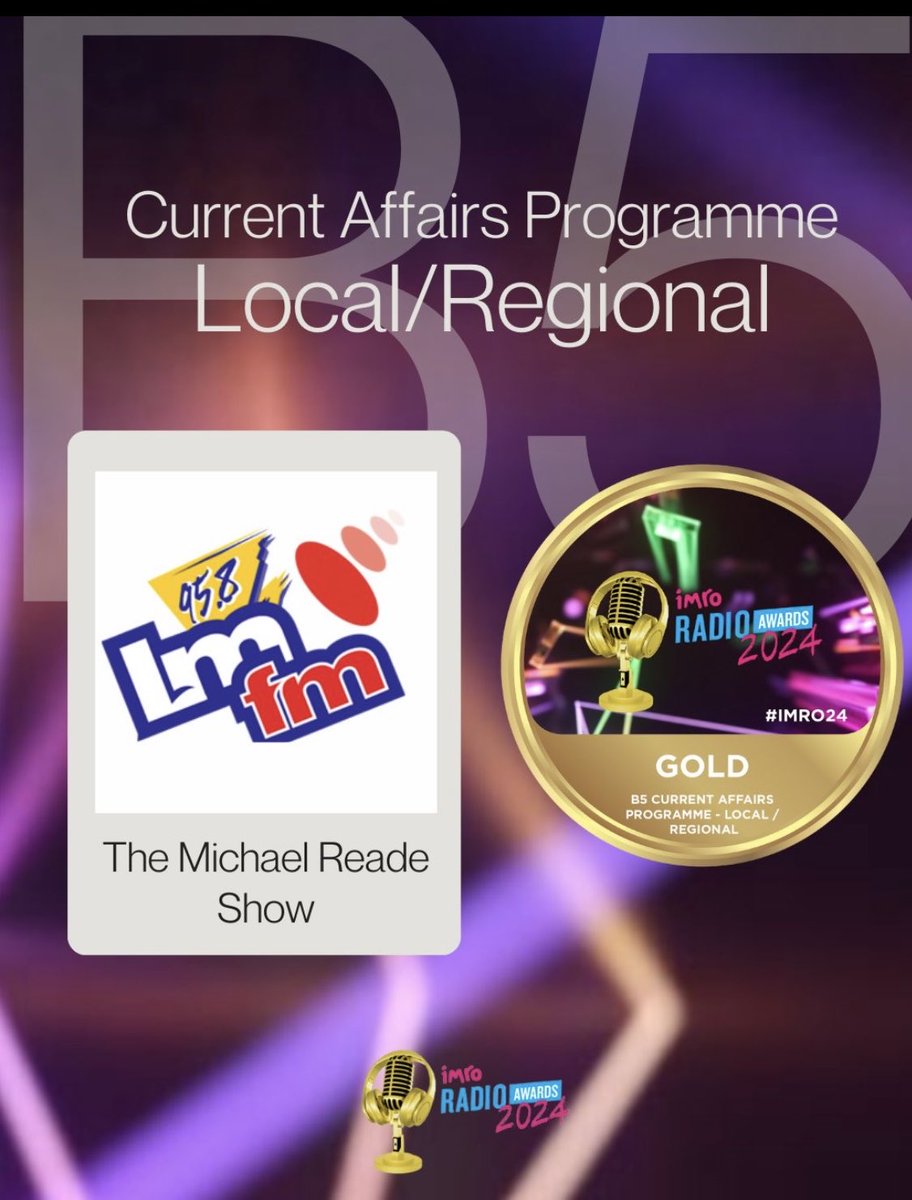 Congratulations to Michael Reade <a href="/LMFMRADIO/">LMFM RADIO</a> on winning gold at the <a href="/IMRORadioAwards/">IMRO Radio Awards</a> tonight. #IMRO24