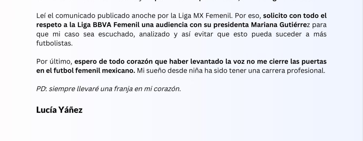 danpinera's tweet photo. Qué triste que a pesar de sufrir acoso Lucía Yáñez deba terminar su comunicado así:
«Por último, espero de todo corazón que haber levantado la voz no me cierre las puertas en el futbol femenil mexicano. Mi sueño desde niña ha sido tener una carrera profesional».

PFFFFF. 😞 https://t.co/5pm4fxRXOh