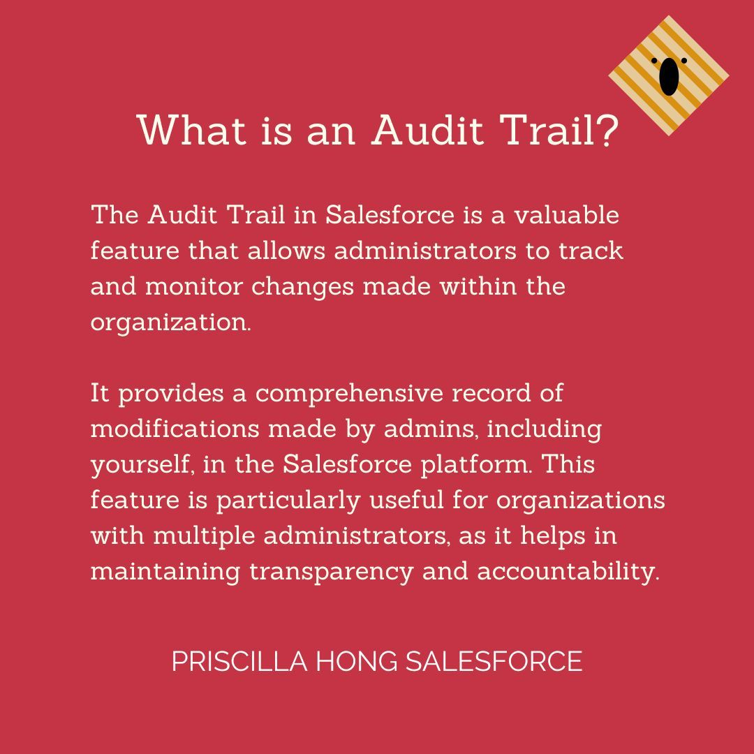 priscillahong's tweet image. The Audit Trail in Salesforce is a valuable feature that allows administrators to track and monitor changes made within the organization. It provides a comprehensive record of modifications made by administrators.
#salesforce #salesforceknowledge #salesforceadmin