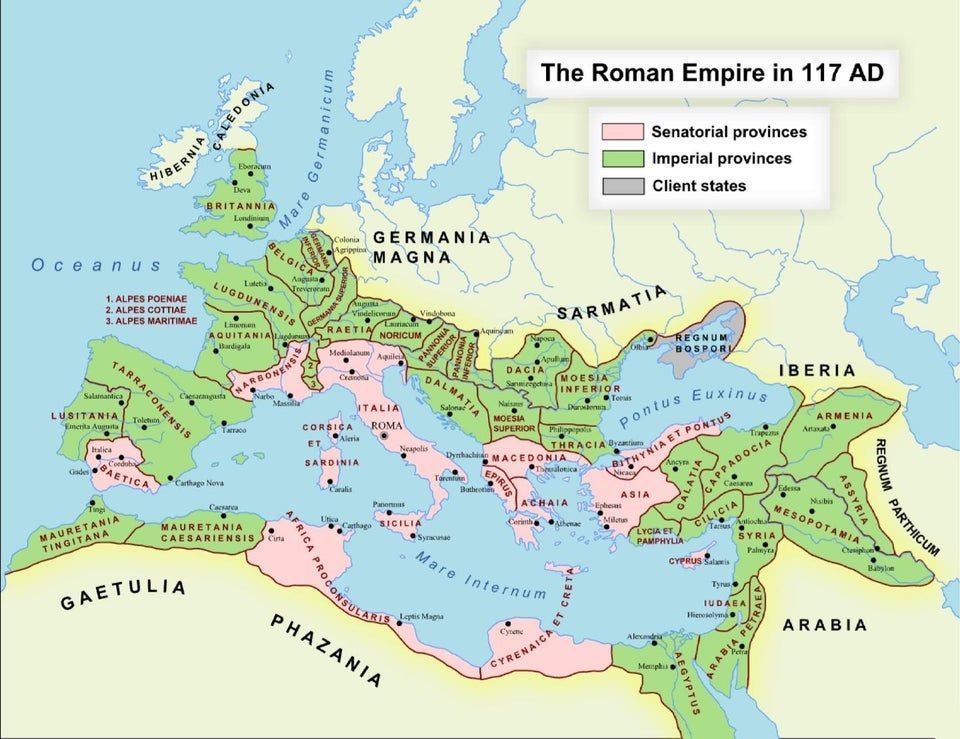 Map shows the Roman Empire in 117 AD. The comment section in the link explains the difference between senatorial and imperial provinces. I heard the terms before but didn't know what they meant. Source: buff.ly/2yLTk47