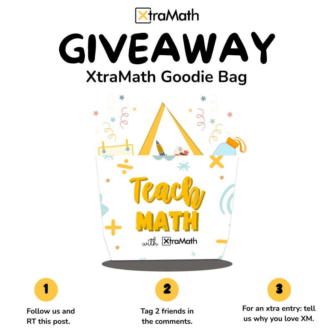 🎉 Giveaway Alert!

We’re giving away tote bags filled with XtraMath swag to THREE lucky #teachers! 🛍️📚
To enter:
💛Follow <a href="/xtramath_us/">XtraMath | Math Fact Fluency</a> and RT this post.
💛Tag 2 teacher friends in the comments.
💛Xtra entry: tell us why you ❤️ XM

Giveaway ends on October 9th  ⏰ Good luck!
