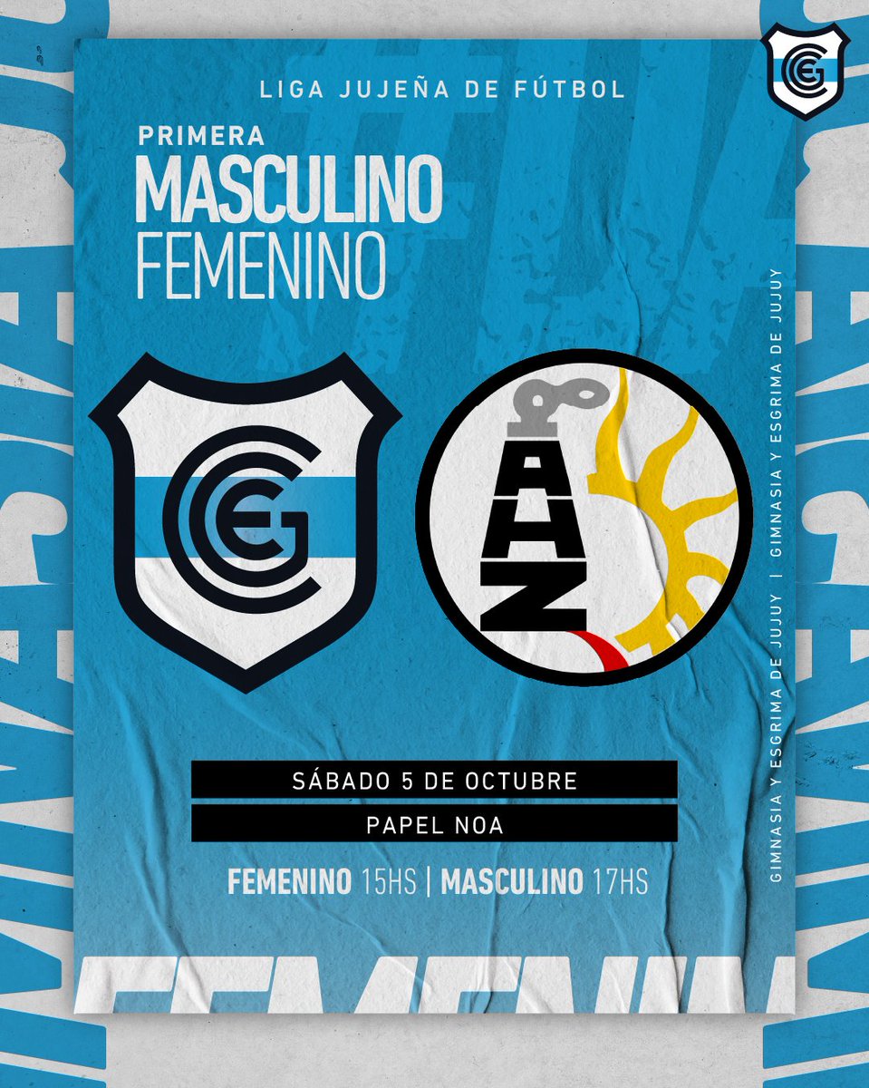 OficialGyEJujuy's tweet photo. 🔵⚪️ #LigaJujeña
#GyEJujuy 🆚️ #Zapla
🗓 Sábado 05 de octubre
⏱️ 15.00hs Femenino
⚽️ 17.00hs Masculino
🏟 Papel Noa
🏆 Fecha 8 - Torneo Clausura - Liga Jujeña de Fútbol
#VamosLobo🐺⚪️🔵 https://t.co/YwYKplGstd