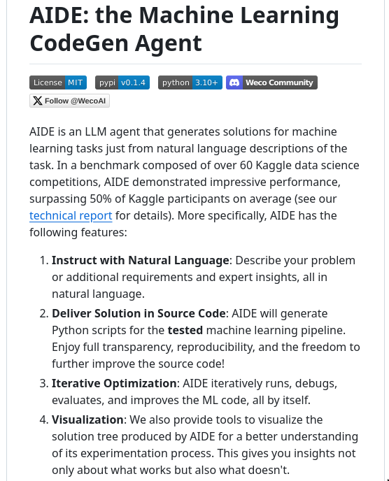 tom_doerr's tweet image. &quot;AIDE: the Machine Learning CodeGen Agent&quot;