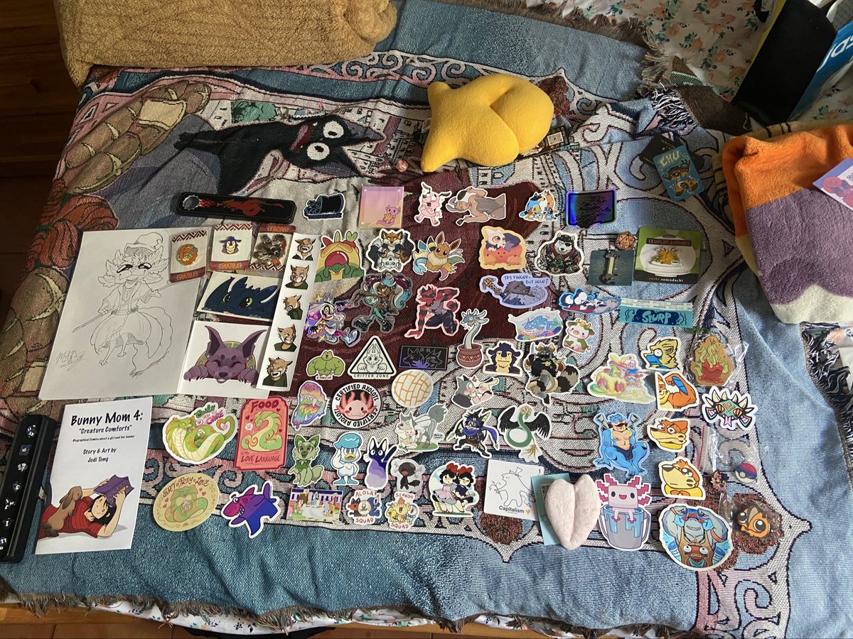 MarzLotl's tweet photo. Con Haul at #AFC2024 SO MUCH COLLECTED 🤩 

Plus stickers from a few furs at the con I got 😊
@LuciusGoat @KeiboOfStrings @FelkinMak @BlahajGremlin @BowlOfWolfieos 
(I don’t recall the last two I’m sorry 🥲) https://t.co/zkynIKzHHr