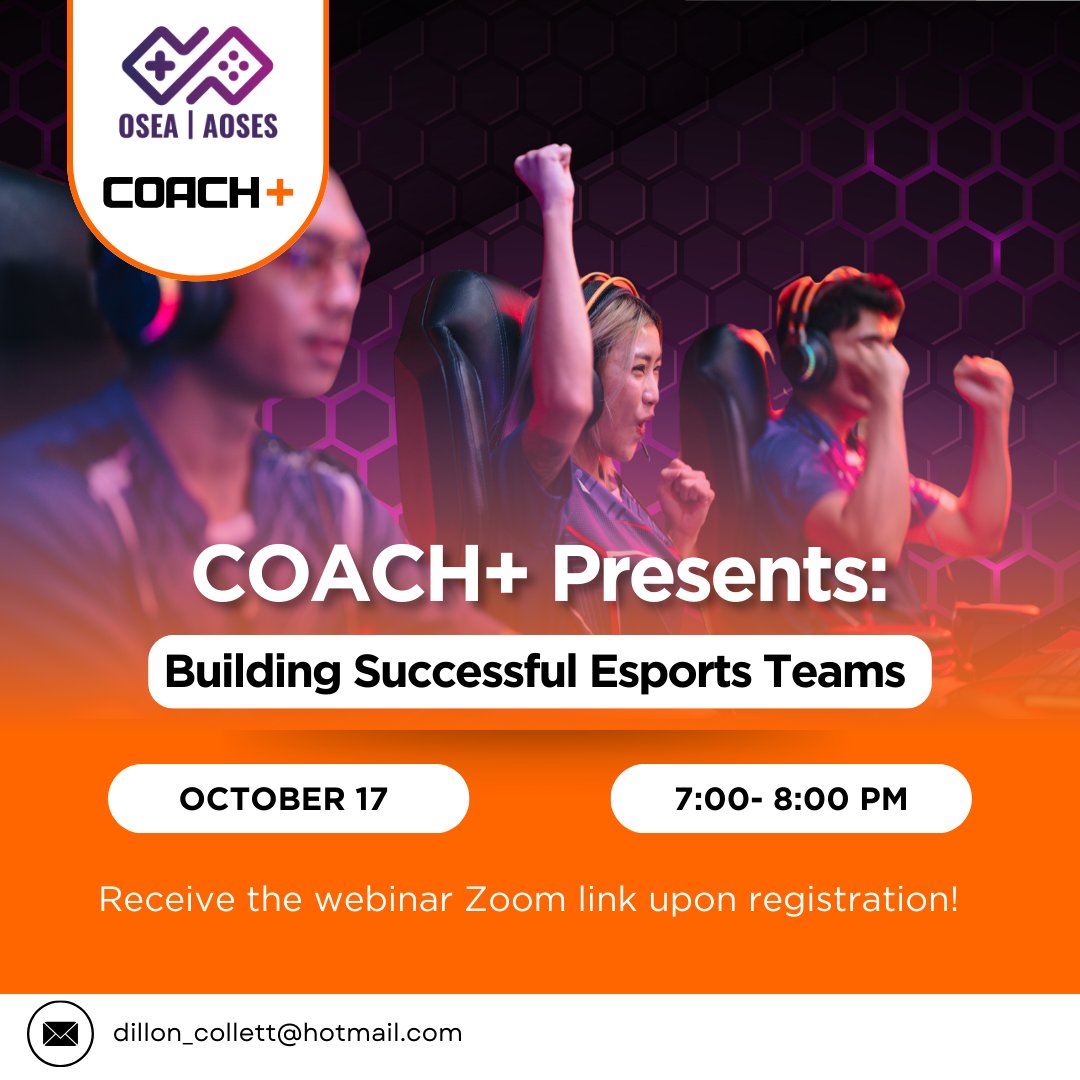 📣Join us for this FREE webinar, Building Successful Esports Teams, on Thursday, October 17th at 7:00pm.  Open to ALL! 
Register today at osea.gg/buildingesport…
