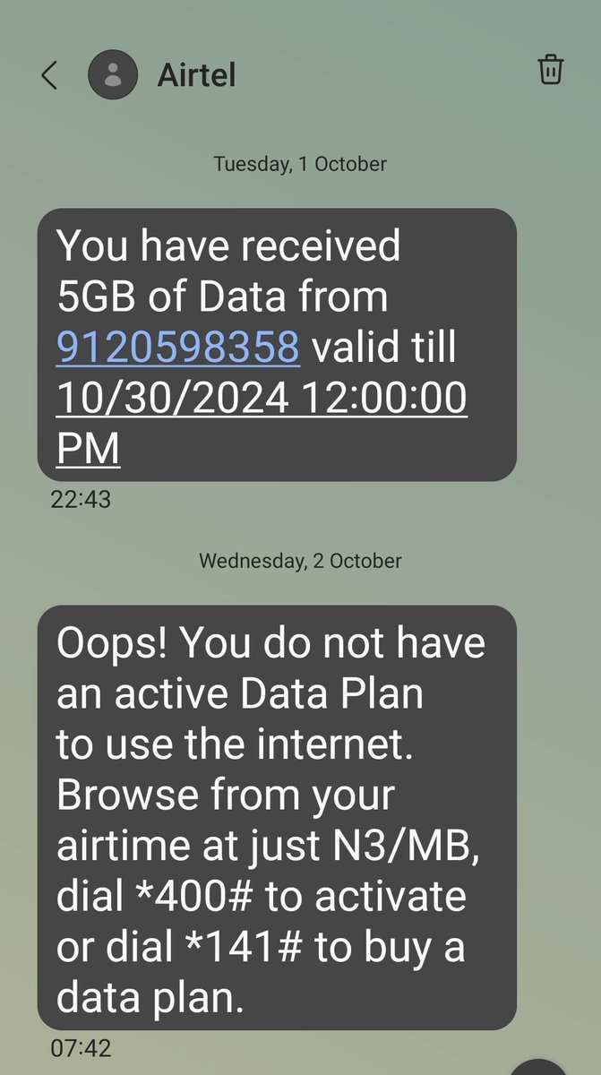 iamSisB's tweet photo. @AirtelNigeria I reported my phone li e didn't work for over 3 months, I finally got it to work. On the 1st of October. Purchased 5gb of data at 10.43pm, and next morning at 7.42am i get,  'Oops you do not have a data plan'. Praytell, How did the data deplete overnight? https://t.co/guDF2O9Z1o