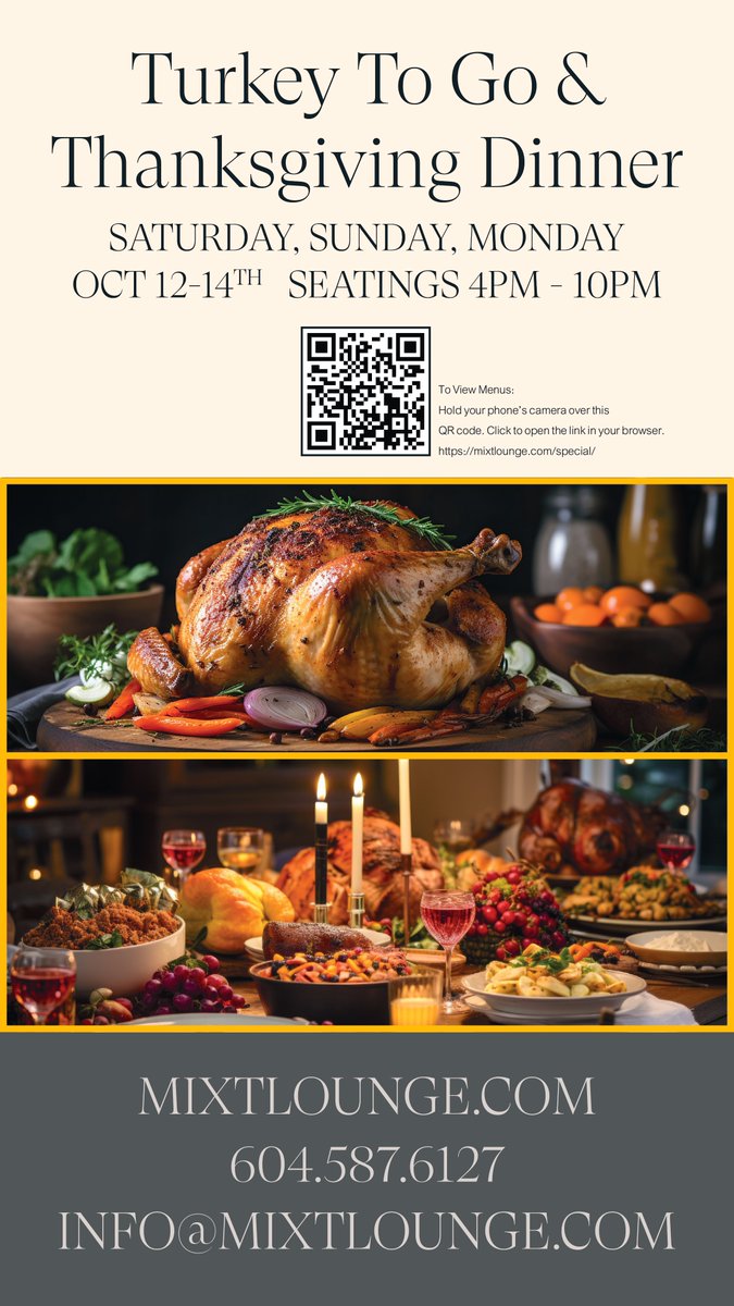 Celebrate Thanksgiving with a Turkey To Go &amp; Dinner at MIXT Lounge! 🍂 Join us October 12-14 for delicious seatings from 4 PM - 10 PM. Reserve your spot today! 🦃

#ThanksgivingDinner #TurkeyToGo #MIXTLounge #ThanksgivingFeast #HolidayDining #FamilyDinner #Thanksgiving2024