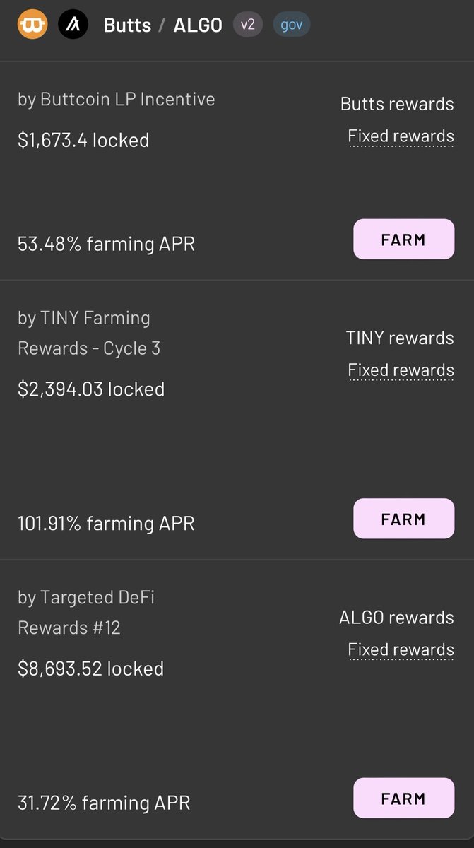ButtCoinASA's tweet image. I CAN’T BELIEVE ALGOFAM ARE STILL FADING $BUTTS !!!
Check out these LP farming rewards ⬇️

Get your butts into these farms.

BURNING SCHEDULE UNDERWAY
3% Burnt forever, on the road to 10%

app.tinyman.org/pool/farming-p…
@Richflairstv @Coop_Daniels @AlgoFamily @wompcrew @ButtCoinInfo