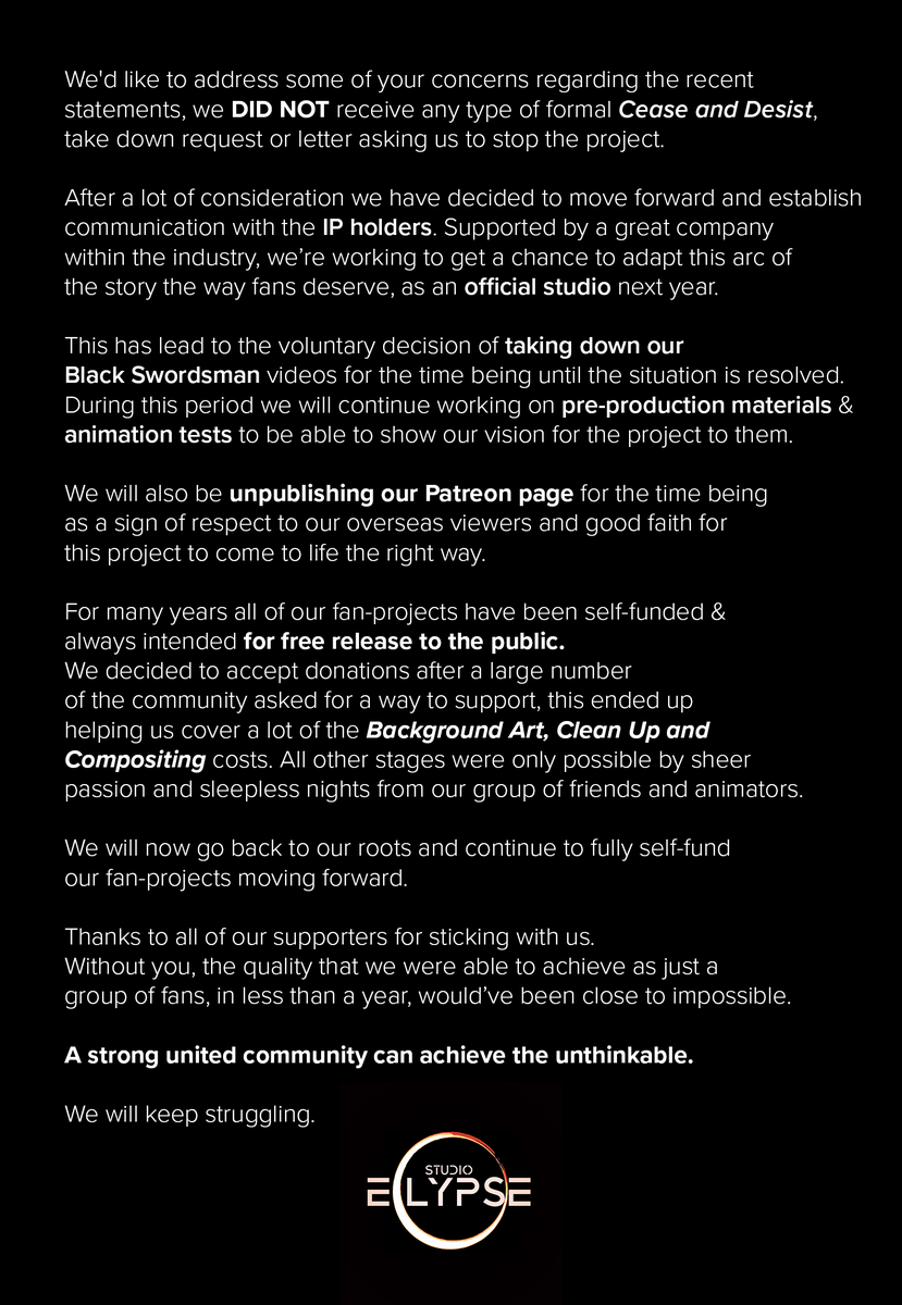 studio_eclypse's tweet photo. 𒉭 To our supporters & the Berserk fan community:
The project is not cancelled but we have important news: