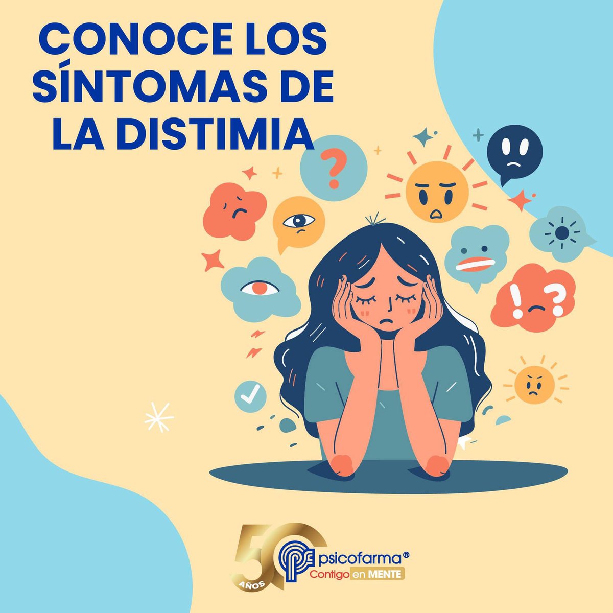 Psicofarma's tweet photo. La distimia es un trastorno depresivo persistente que permite que las personas  puedan continuar con sus actividades a pesar de sentirse desanimadas o tristes. Sin embargo, siempre son invadidos por sentimientos de culpa.
#Distimia  #TrastornoDepresivo #ContigoEnMente #psicofarma https://t.co/AhIi2tDvTs