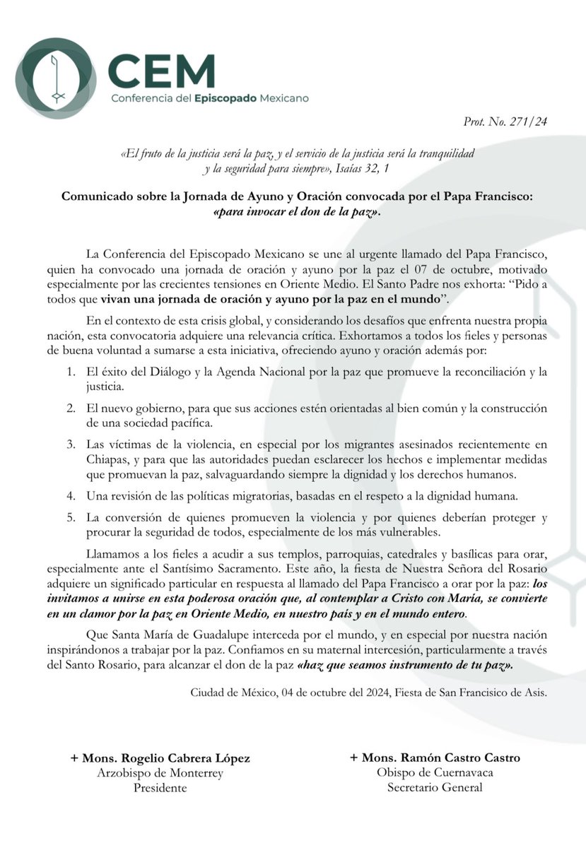 La Conferencia del Episcopado Mexicano se une al urgente llamado del <a href="/Pontifex_es/">Papa León XIV</a> quien ha convocado una jornada de oración y ayuno por la paz el 07 de octubre, motivado especialmente por las crecientes tensiones en Oriente Medio. El Santo Padre nos exhorta: “Pido a todos que