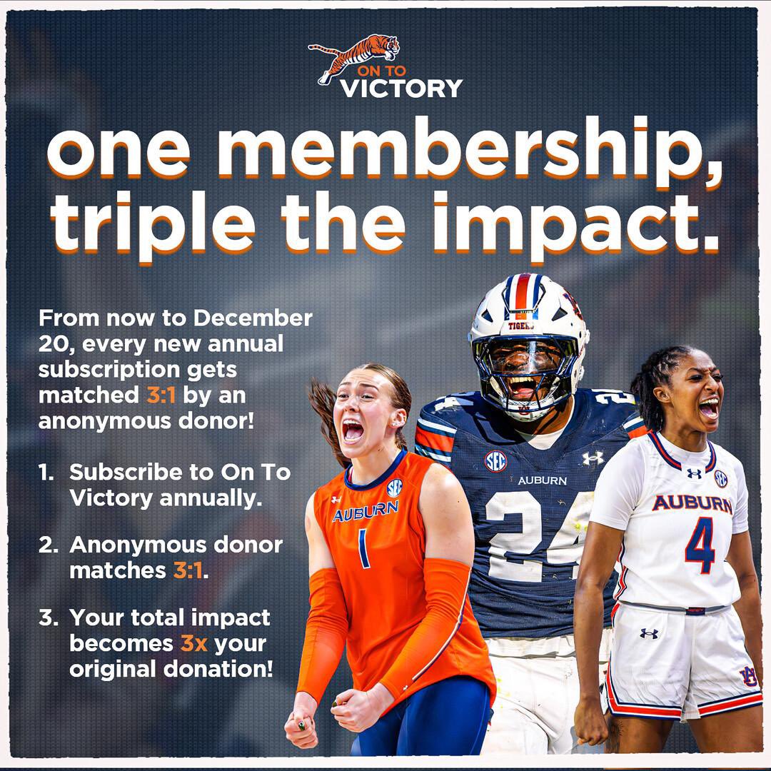 From now until December 20th, we can reach up to $1 million for Auburn student-athletes like me! Join today by going to OnToVictory.com