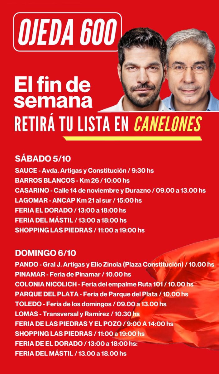 Este fin de semana la #Ojeda600 en 15 puntos del departamento de Canelones
🚩🚩