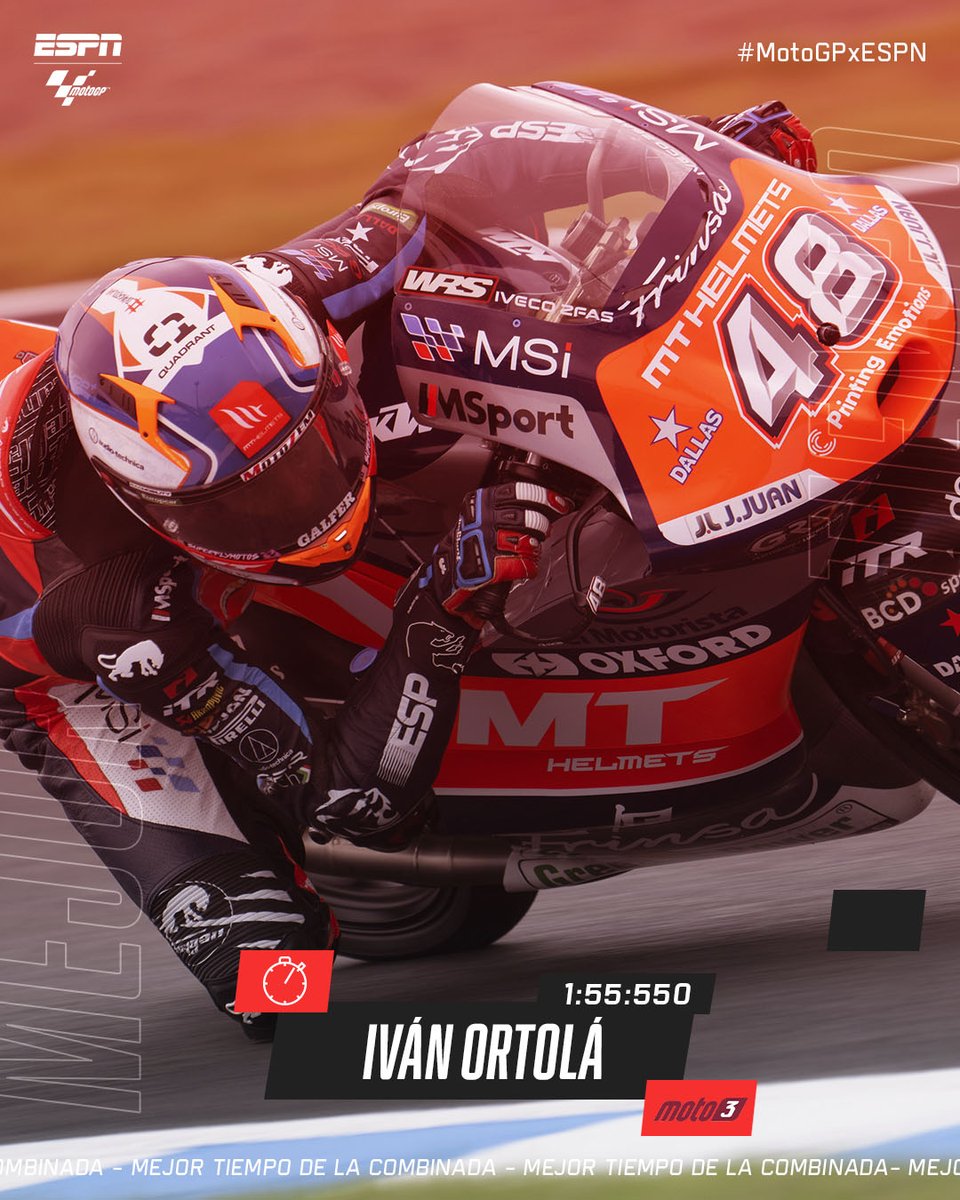 MotoGP_ESPN's tweet photo. ¡Dominadores! Filip #Salac en #Moto2 e Iván #Ortolá en #Moto3 lideraron las combinadas en #Motegi. 🔥🎌 https://t.co/i8es4D1Fob