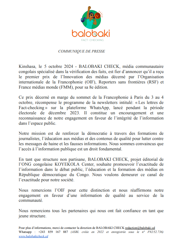 BalobakiCheck's tweet photo. Nous remercions @OIFrancophonie @RSF_fr @RFI  pour cette distinction et nous réaffirmons notre engagement en faveur d’une information de qualité au service de la communauté. https://t.co/YdPZGmSr2z