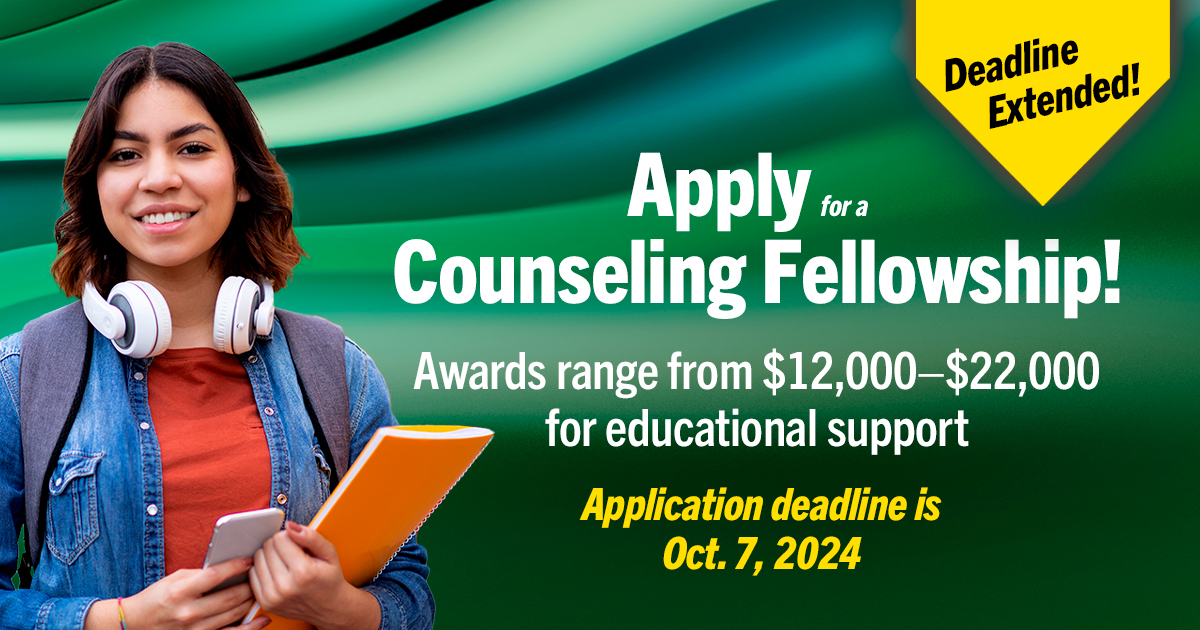 The NBCC MFP deadline has been extended to Oct. 7 at 11:59 pm EDT due to Hurricane Helene. Master’s- and doctoral-level counseling students committed to serving underserved communities can apply. Award amounts range from $12,000 to $22,000. Apply now at nbccf.org/programs.
