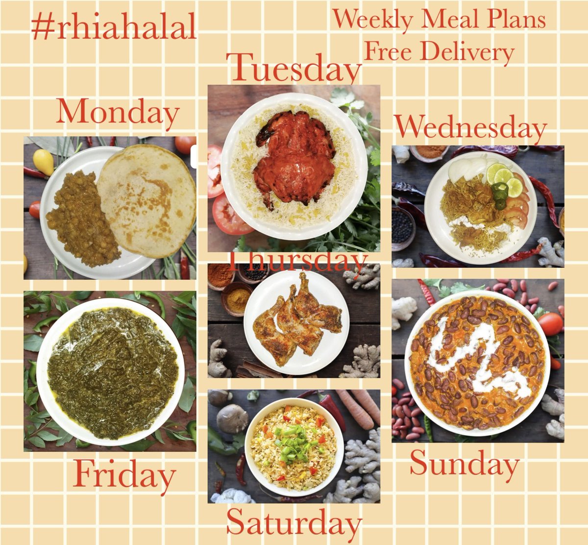 RhiaHalal's tweet image. Weekly Meal Plan. Free delivery. Dallas. Order for the week. School lunches. Work lunch breaks. Dinner. #rhiahalal #shef  Mon Chikr Chole, Pita. Tue Lemon Orzo Rice, Tandoori Chicken. Wed Chicken Biryani. Thu Roasted Chicken. Fri Spinach. Sat Chinese Rice. Sun Rajma. Repeat.