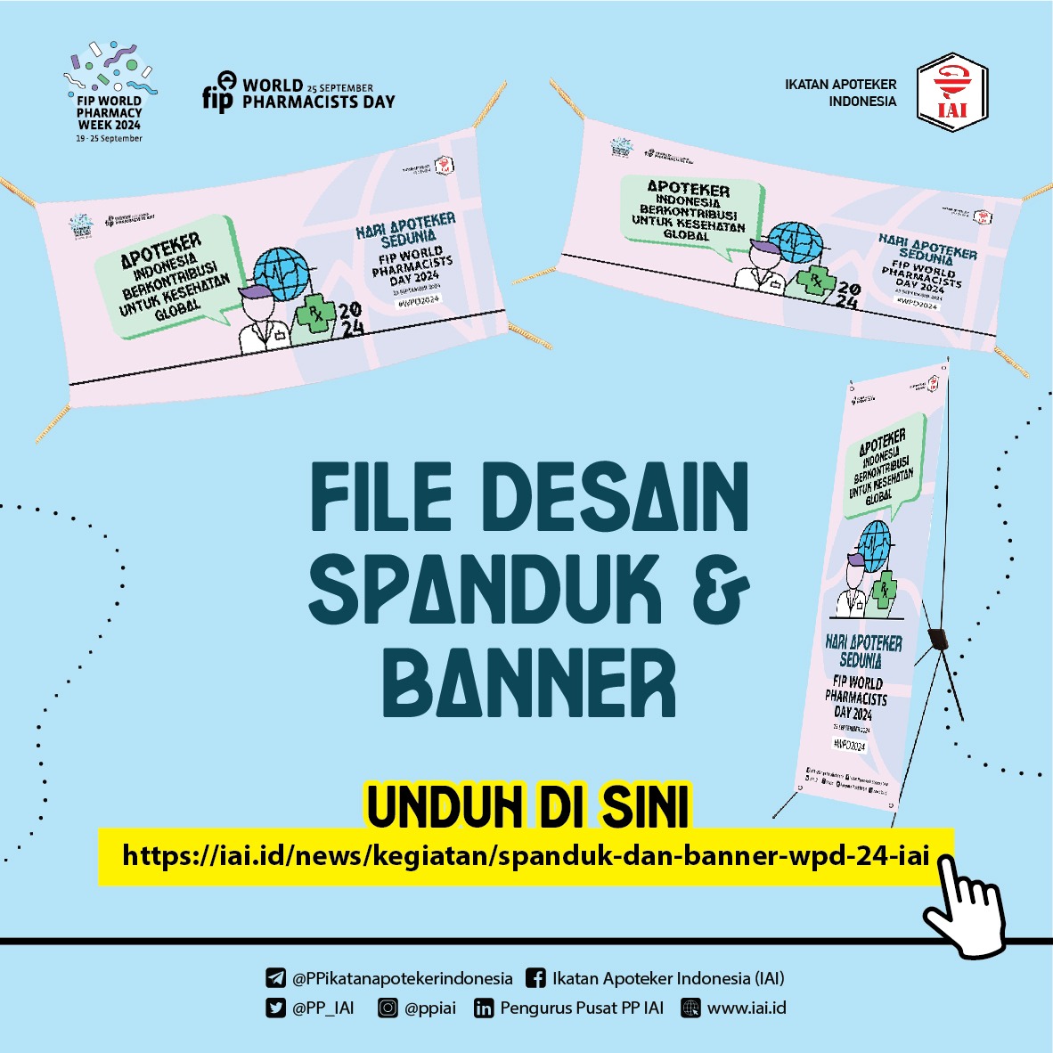 File desain spanduk/banner WPD 2024 dapat diunduh melalui website IAI berikut ini:

iai.id/news/kegiatan/…

Silakan digunakan sesuai kebutuhan, dan dapat ditambahkan logo/nama organisasi masing-masing. 
Terima kasih. 

*Humas PP IAI*