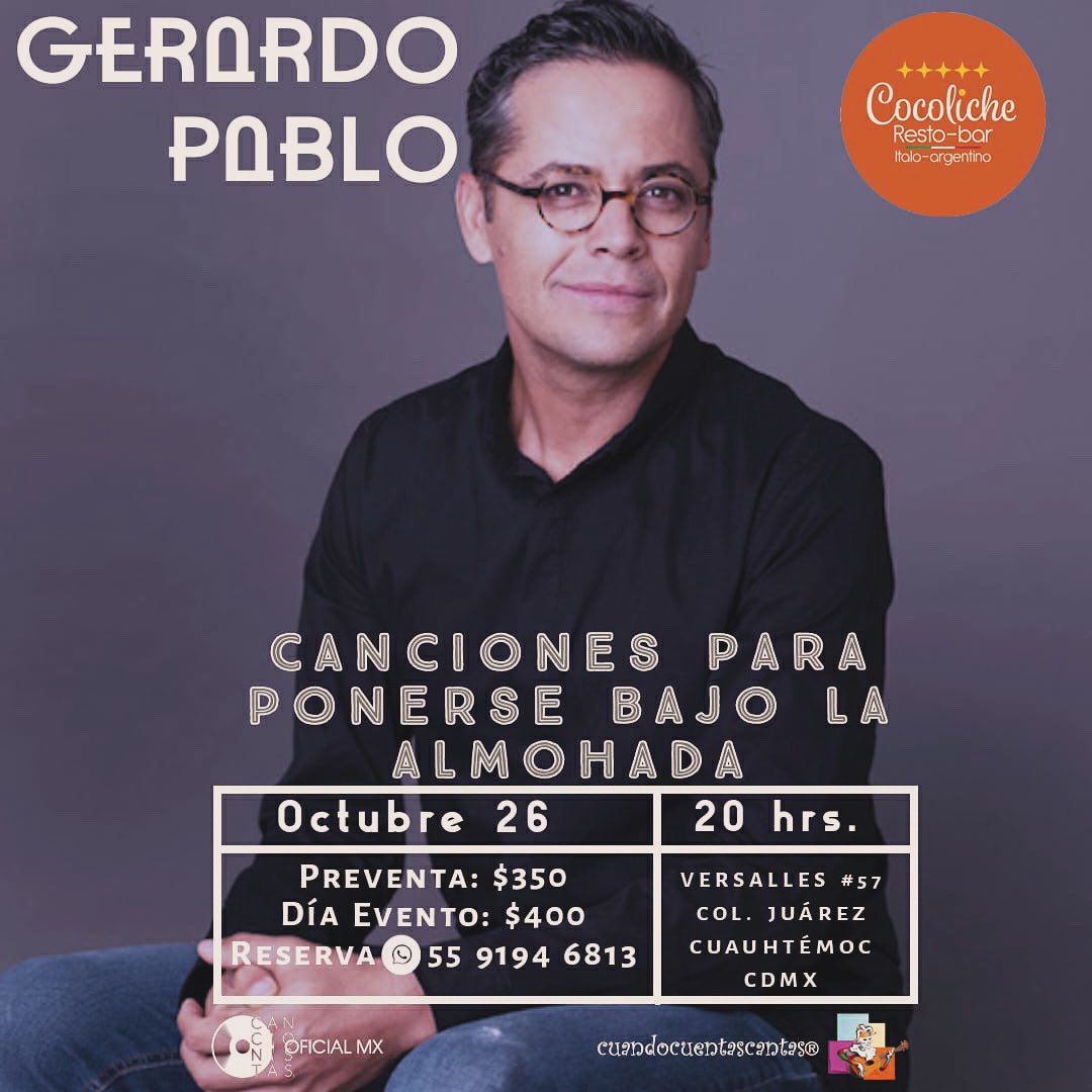CDMX! Regreso con Canciones para ponerse bajo la almohada. ¡Vengan a darle calorcito a mis nuevas canciones!
📆 sábado 26 de octubre 8pm 
📍Cocoliche Resto-Bar 
🎟️ boletos al WhatsApp 5591946813