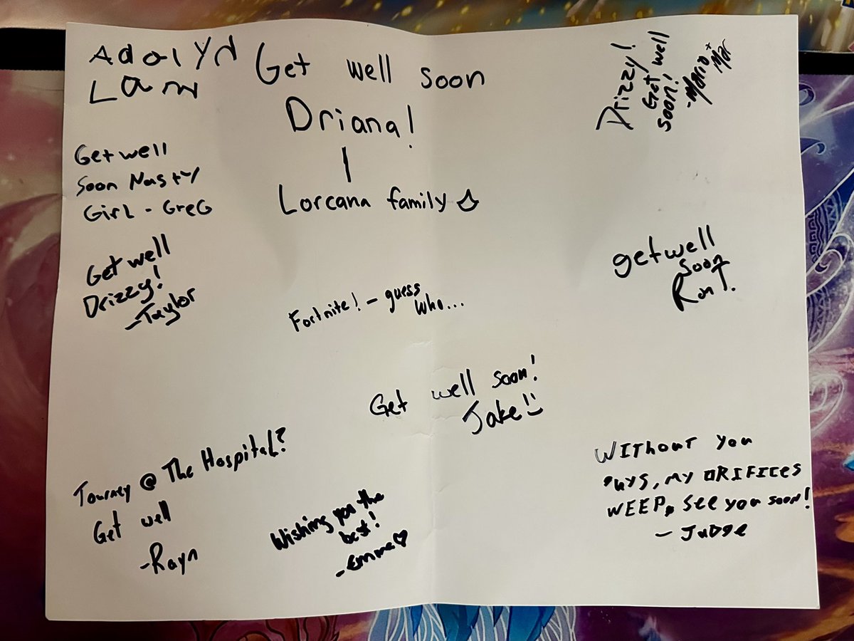 💫nlyLore - Drizzle🌧️ (@onlyloredrizzle) on Twitter photo My <a href="/OnlyloreTCG/">💫nlylore 🚘 🔜 SSG/Margate</a> fam made me a get well soon card after the rough few weeks I’ve had. Still crying. Love them all.😭🫶🏼💖 #onlylore #lorcana #onefamily My <a href="/OnlyloreTCG/">💫nlylore 🚘 🔜 SSG/Margate</a> fam made me a get well soon card after the rough few weeks I’ve had. Still crying. Love them all.😭🫶🏼💖 #onlylore #lorcana #onefamily