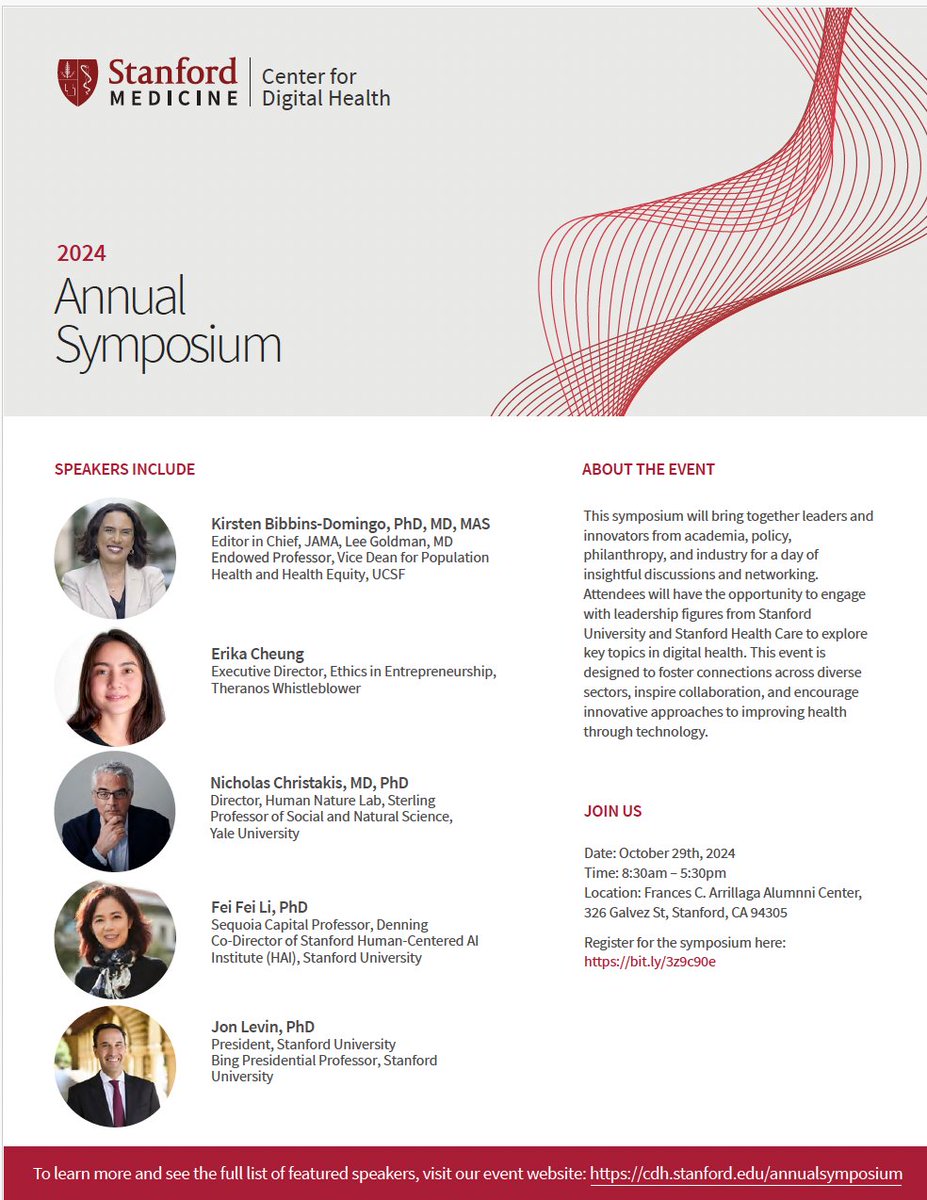 Stanford Department of Medicine (@stanforddeptmed) on Twitter photo The future of health is digital! Join #StanDOM on Oct. 29 for a day of discussions, networking & inspiration at <a href="/StanfordCDH/">Stanford Center for Digital Health</a>'s Annual Symposium. Register now!
stanford.io/4db7itt The future of health is digital! Join #StanDOM on Oct. 29 for a day of discussions, networking & inspiration at <a href="/StanfordCDH/">Stanford Center for Digital Health</a>'s Annual Symposium. Register now!
stanford.io/4db7itt