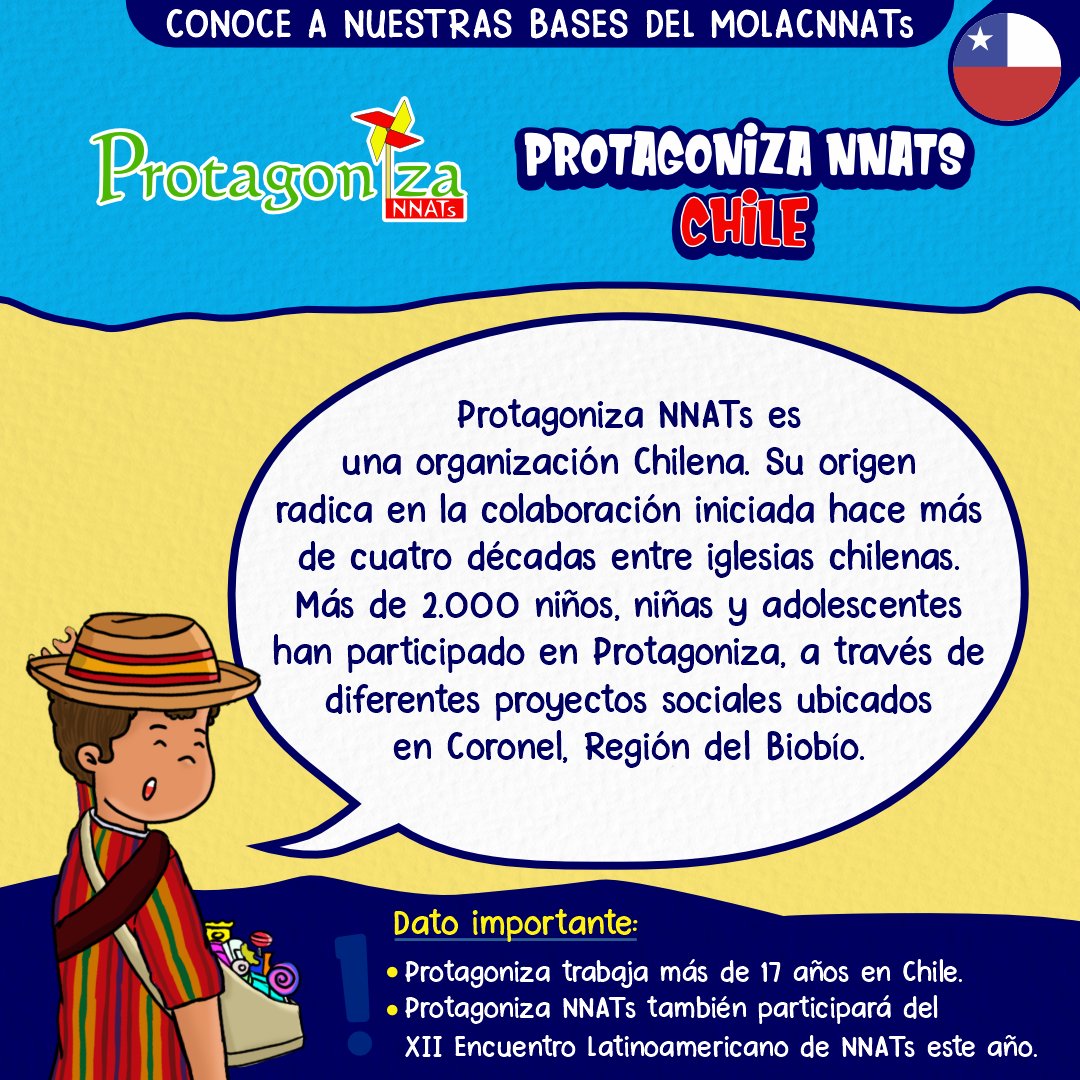 molacnats's tweet photo. ¡Conoce a las bases del MOLACNNATS! 
Protagoniza NNATs, es una organización Chilena. Su origen radica en la colaboración iniciada hace más de 4 décadas entre iglesias chilenas. Más de 2000 NNA han participado en Protagoniza en Coronel, región del Bio - Bio. https://t.co/bGYXDYUtJW