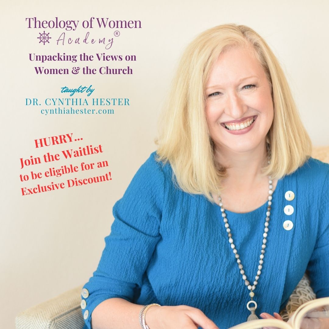 Join the Waitlist for my self-paced, online course on women and the church. Waitlist Members receive an Exclusive Waitlist Discount! Plus you’ll be the first notified when TWA doors are open! Hurry, fall enrollment opens SOON, so don't miss out.
Details: cynthiahester.com/course