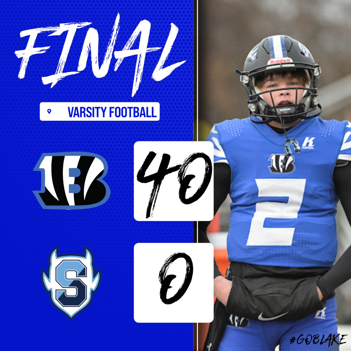 Blake earned a 40-0 victory over Springbrook on Homecoming. Kirby Matson led the Bengals with five passing touchdowns - two to Zaire Richardson and one each to Joey Faunteroy, Adrian McDaniels and Kai Cooper. Jeremiah Ford returned a punt for a TD.