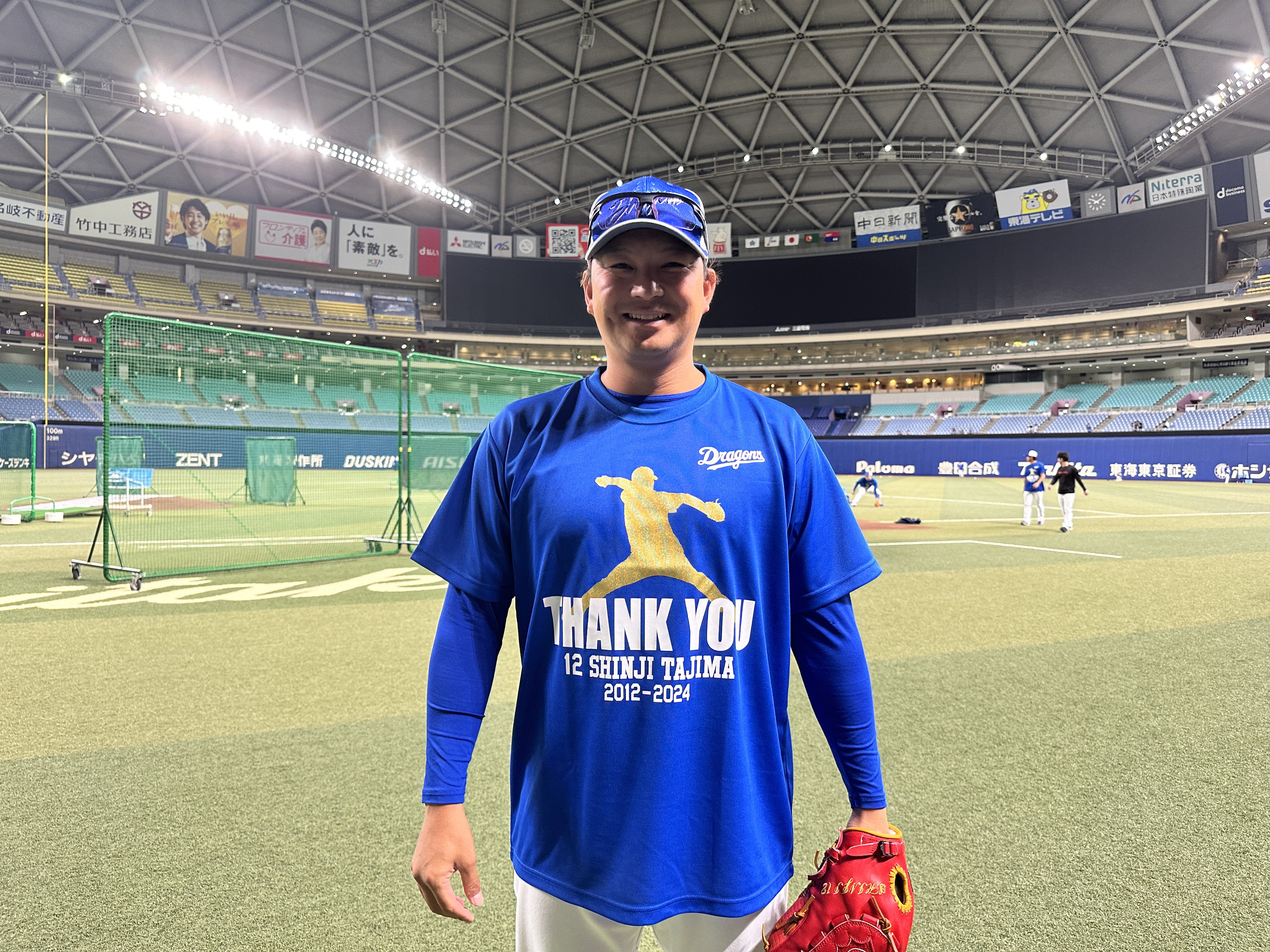 中日・田島慎二の引退試合、試合前の練習で『THANK YOU 12 中日・田島慎二の引退試合、試合前の練習で『THANK YOU 12