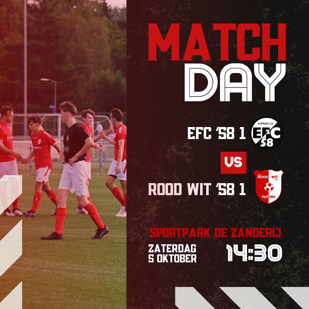 Vandaag de derde competitiewedstrijd op het programma. We spelen om 14:30 uur uit in Ermelo tegen <a href="/58_efc/">EFC’58 Ermelo</a> 1. 
We hopen de lijn van vorige week door te trekken met een goed resultaat vanmiddag. 
Tot vanmiddag op de Zanderij. 
🔴⚪️💪🏻
