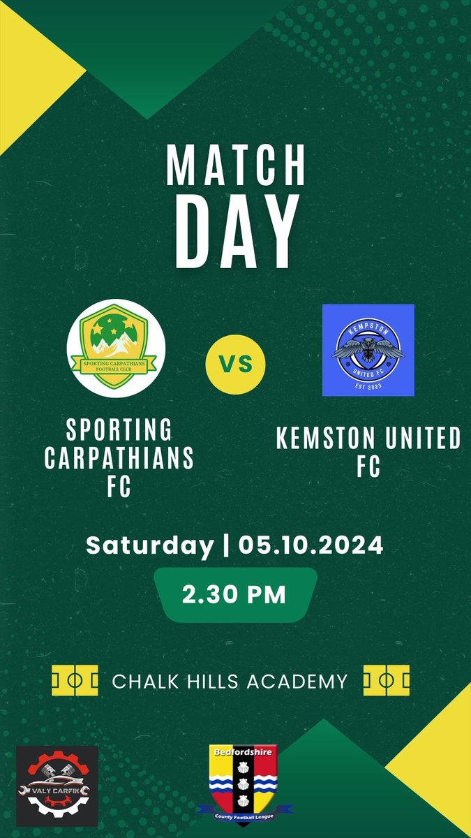 Sporting Carpathians FC (@carpathiansfc) on Twitter photo MATCH Day
⚽️ <a href="/KempstonUnited/">Kempston United FC</a>
🏆 Bedfordshire County Football League, Division one
📅 Date: 5th October 2024
⏰ Kickoff: 14:30
📍CHALK HILL ACADEMY
Sponsored by:
Valy Carfix LTD
See you there 🫶 MATCH Day
⚽️ <a href="/KempstonUnited/">Kempston United FC</a>
🏆 Bedfordshire County Football League, Division one
📅 Date: 5th October 2024
⏰ Kickoff: 14:30
📍CHALK HILL ACADEMY
Sponsored by:
Valy Carfix LTD
See you there 🫶