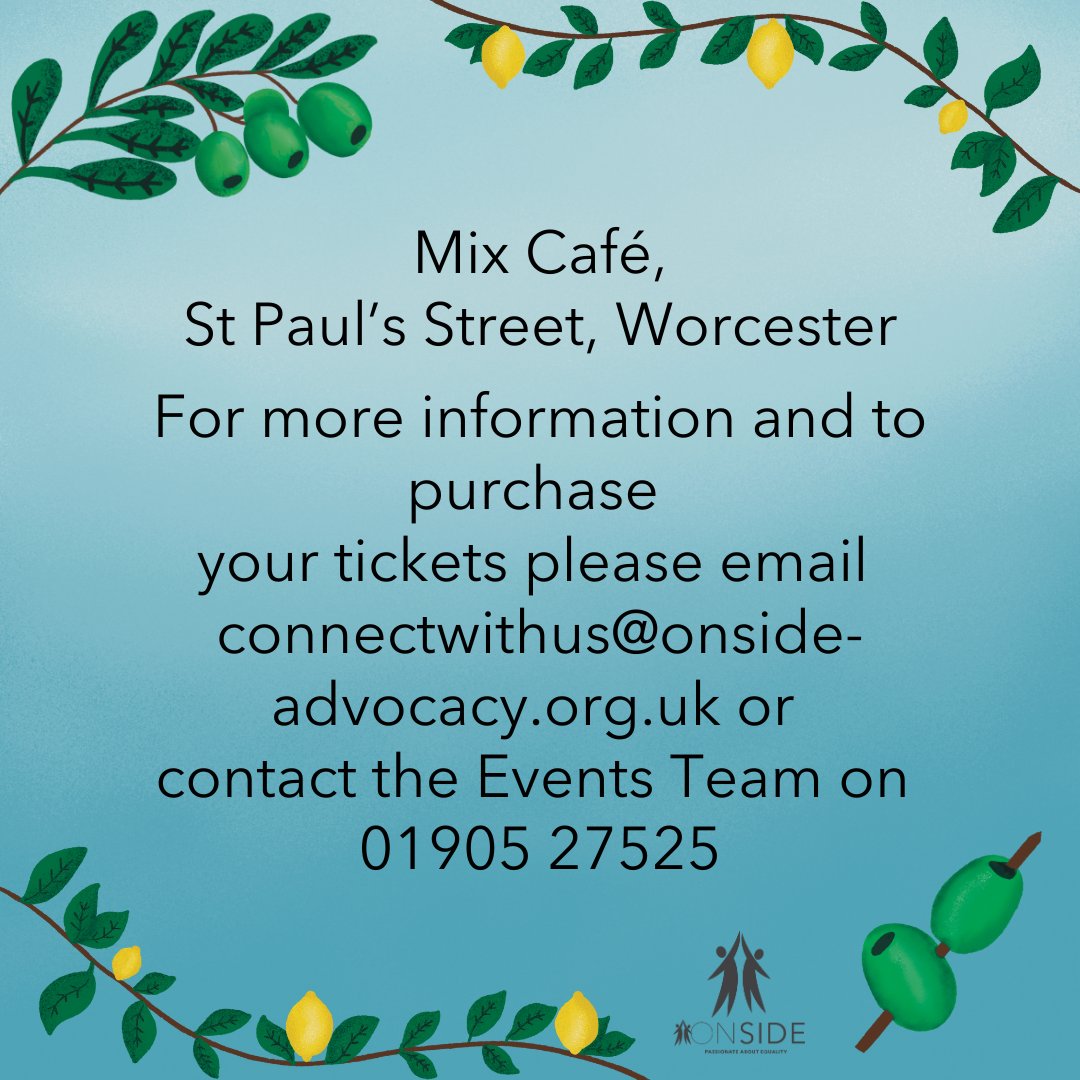 OnsideAdvocacy's tweet image. Don't miss out on our upcoming Pop-Up Restaurant at Mix Cafe on Saturday 12th at 7pm! Only a few spots left for our culinary adventure through the Mediterranean. A welcome drink, appetisers, and a 3 course tasting menu for just £25. #PopUpDining#worcesterfood #MixCafe
