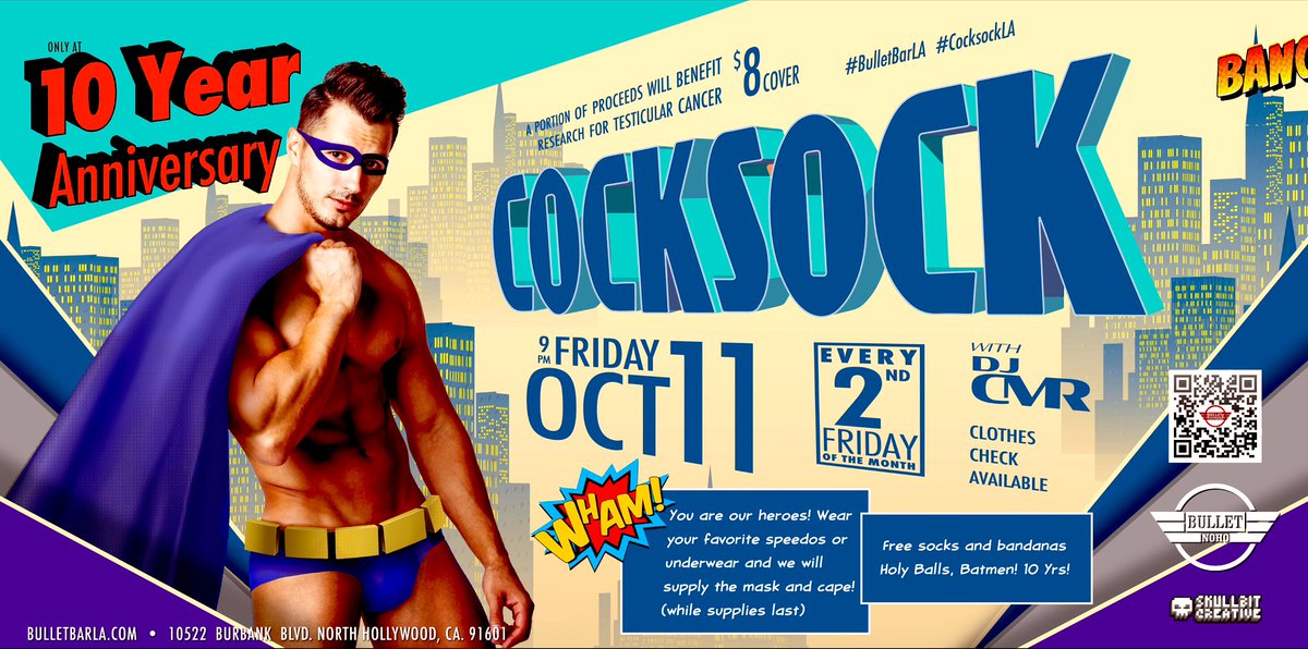 CocksockLA's tweet image. Make sure to cone to the 10 year anniversary party of Cocksock! On Friday Oct 11 at 9pm at the Bullet! Free capes and masks for all while supplies last! #cocksockla#