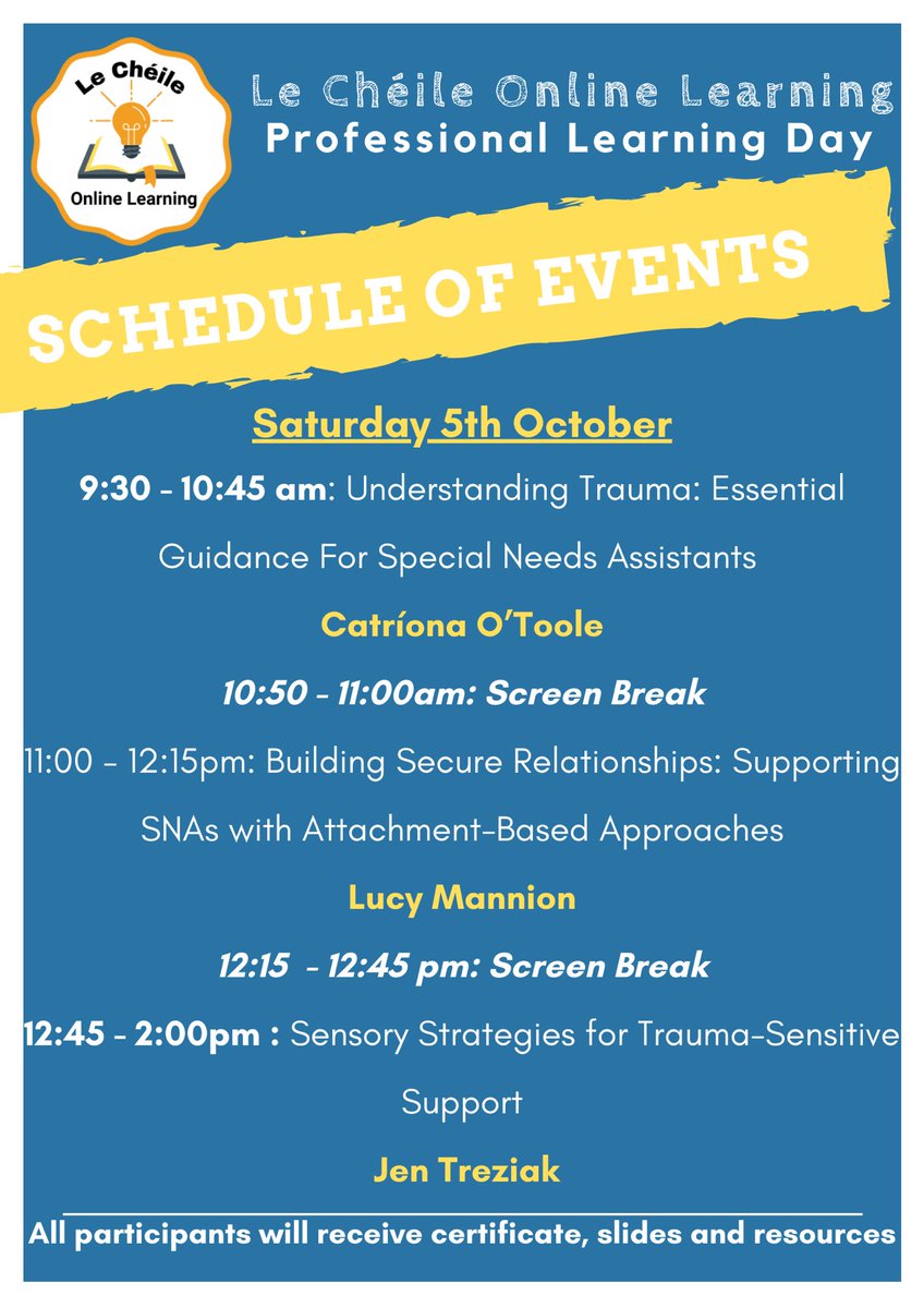 Still time to register….

📣Our Trauma Informed Practice Professional Learning Day is taking place today for SNAs and Primary Teachers

✅All attendees will receive a recording of the event, and a Certificate of attendance for 4.5hrs

lecheileonlinelearning.ie/webinars/snas/…

<a href="/lindaosull88/">Linda O'Sullivan</a>