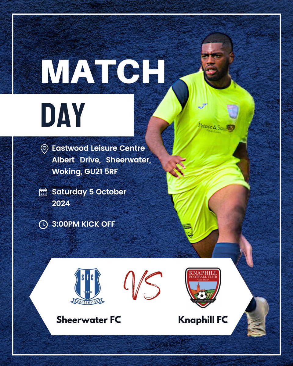⏩ Match Day

Today, the Knappers have a 15-minute trip down the road in our local derby at <a href="/Sheerwaterfc/">Sheerwater FC</a> 

🗓️ Saturday 5 October 2024
🆚 <a href="/Sheerwaterfc/">Sheerwater FC</a> 
🕒 3:00 PM Kick-Off.
🏆 <a href="/ComCoFL/">Combined Counties Football League</a> Premier South.
📍 Eastwood Leisure Centre Albert Drive, Sheerwater, Woking, GU21 5RF

This is