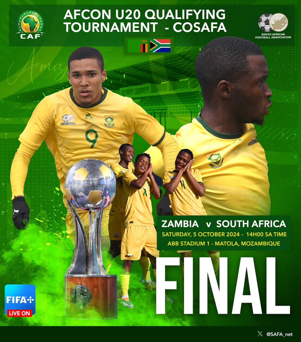 It's match day in #2024cosafau20 FINAL 

🇿🇦vs🇿🇲
📍 Tchumene
⏰ 14h00
🏟️ Arena Lalgy
📺the action live on FIFA ➕️

❤️🌍⚽️