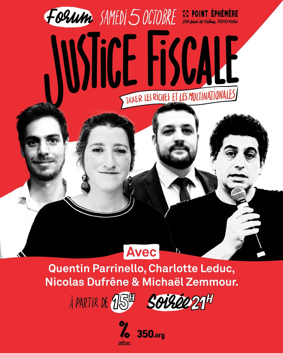 Aujourd'hui, au Point Éphémère à Paris, on parle justice fiscale grâce à <a href="/attac_fr/">Attac France</a> et 350.org ! A 18h, j'aurai l'honneur de vous parler de la lutte cruciale à mener contre l'évasion fiscale, aux côtés d'illustres intervenants <a href="/ZemmourMichael/">Michael Zemmour</a> et <a href="/nico_dufrene/">Nicolas Dufrêne</a>