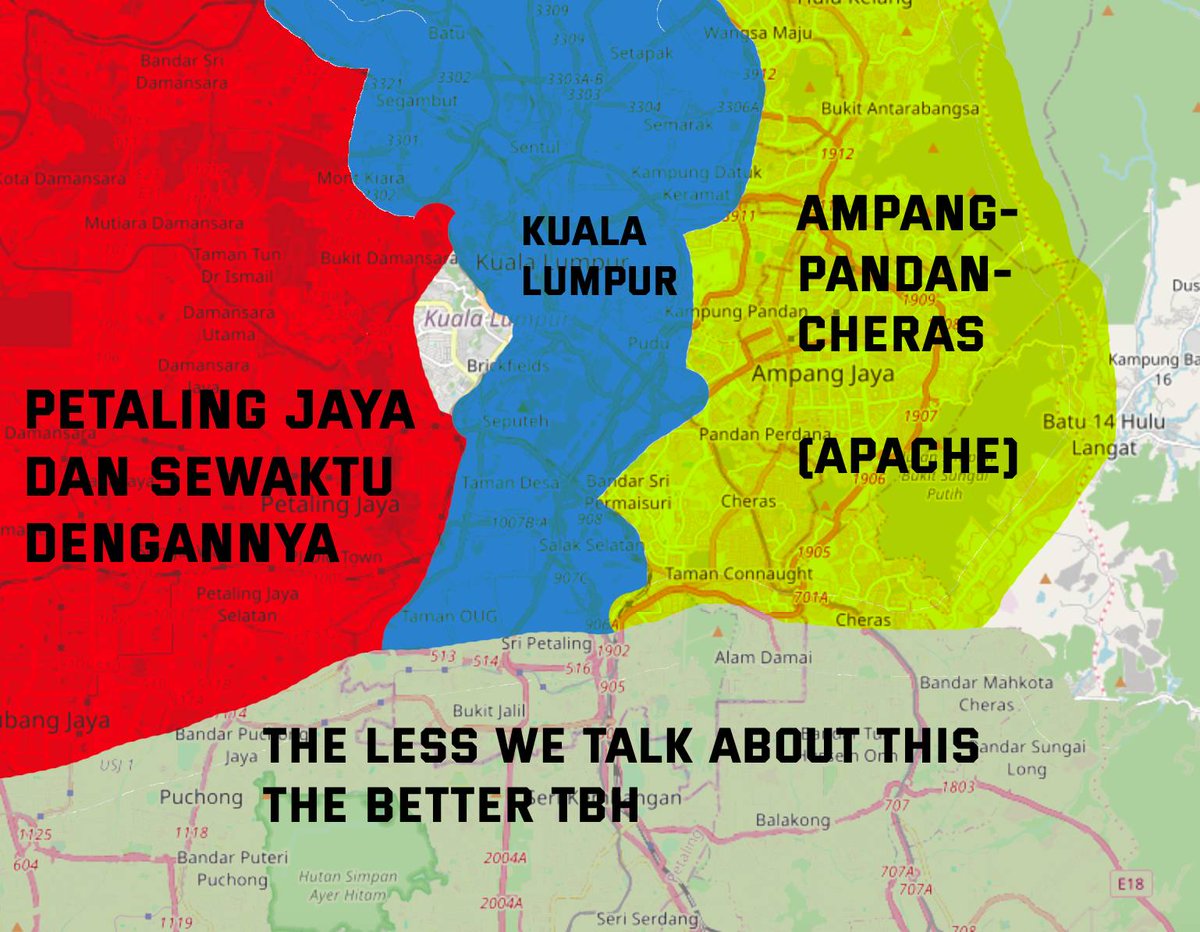 amirulruslan's tweet photo. Eksheli ah in greater KL there are three cities: Kuala Lumpur, Bandar Sri Apache, and Petaling Jaya and its Colonies.

There are also the wastelands to the south but we don't need to talk about that. https://t.co/A0RW0cDutS