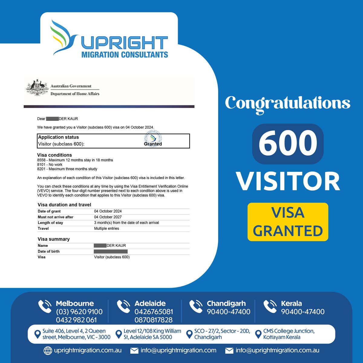 UMC_Melbourne's tweet photo. 600 visitor visa granted to our esteemed client. Your confidence and support are appreciated by Upright Migration Team. Reach us if you are considering your migration journey.
.
#uprightmigration #uprightmigrationconsultant #visitorvisa #600visa #immigrationaustralia https://t.co/osAOKJhOMi