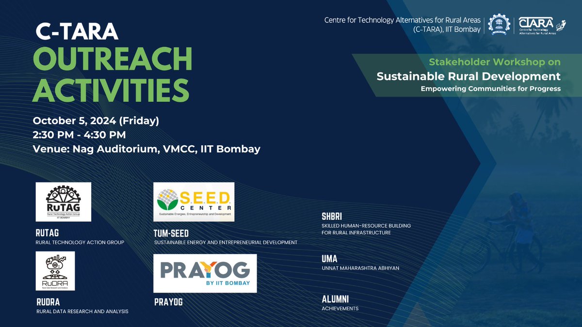 🌱 Don't miss our C-TARA Outreach Activities at the Stakeholder Workshop on Sustainable Rural Development!

🗓️ 5th Oct 2024 (Friday)
🕑 2:30 PM - 4:30 PM
📍 Nag Auditorium, IIT Bombay
Engage with innovative programs by RUTAG, PRAYOG,RuDRA TUM-SEED, and more! 
#RuralDevelopment