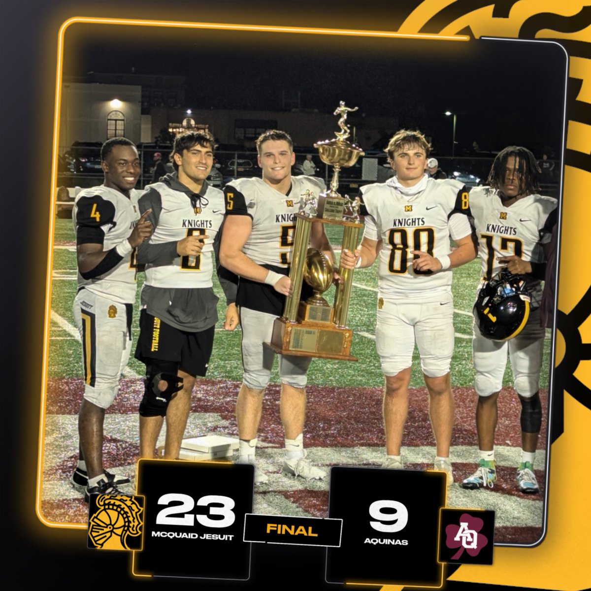 Knights Win! A great game played by two great schools and the Knights prevailed. The comeback kids went down 9-0 only to turn it around and win 23-9. McQuaid is now 5-0 and play host to Uprep next Saturday at 12pm. #AMDG #trophystayshome @secvfootball @mcquaidjesuit