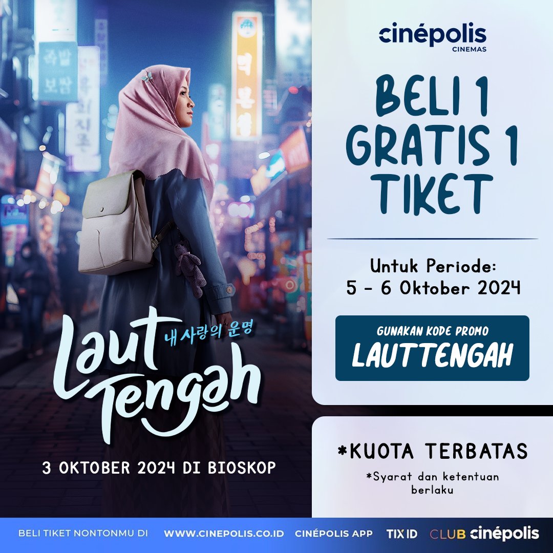 Starvisionplus's tweet photo. Ada promo Beli 1 Gratis 1 Tiket dari @cinepolisID buat hari ini dan besok pakai kode promo ‘LAUTTENGAH’. 

Mumpung weekend, segera amanin tiketnya ya! Kuota terbatas.

#LautTengah #FilmLautTengah https://t.co/WIhNskSf0I