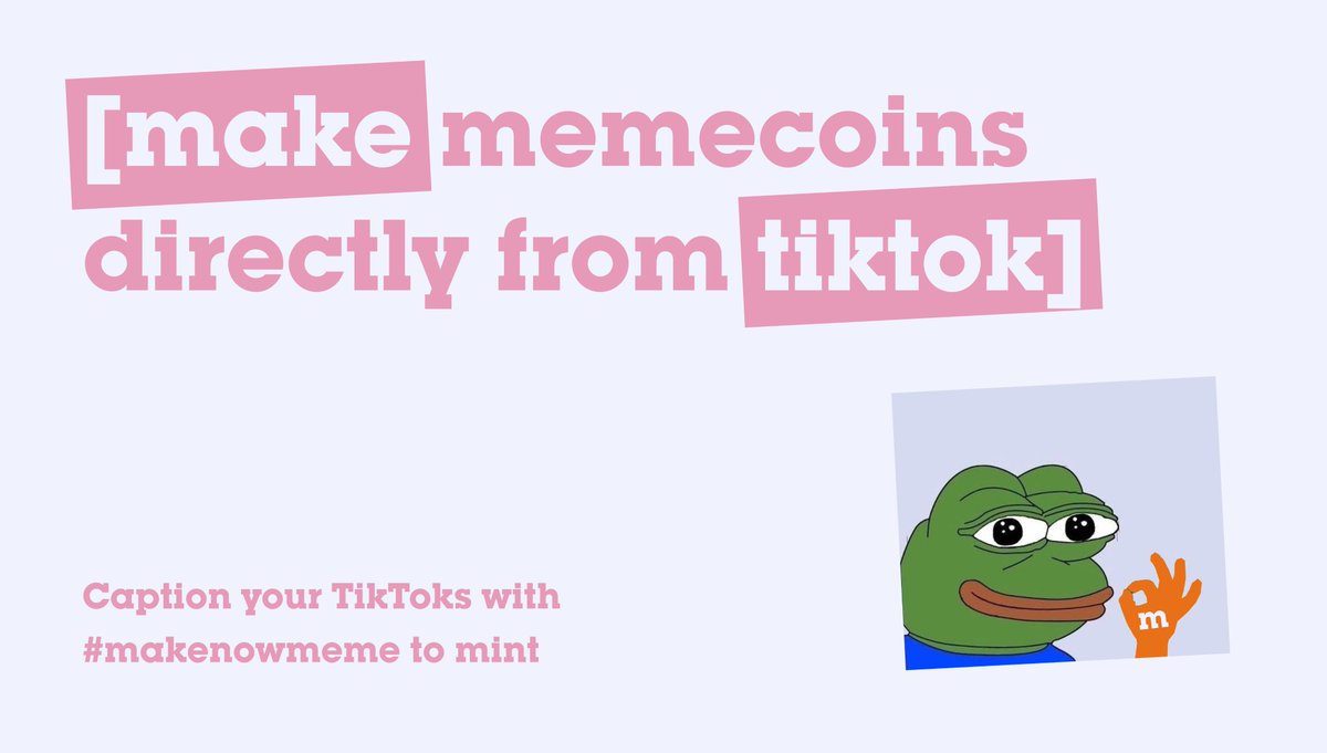 You can now launch a memecoin directly from TikTok by  using #makenowmeme in the TikTok caption 🤯

Connect your TikTok account to the MakeNowMeme website to claim 4% of the Total Supply waiting for you

The future of crypto is bringing in new traders in from TikTok 🔥