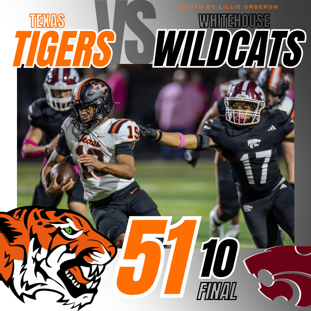 TigerTimesTHS's tweet photo. The Texas Tigers ran away with the game against the Wildcats of Whitehouse. Final score 51-10. #texashighschoolfootball #txhigh https://t.co/kq4O83sa5p