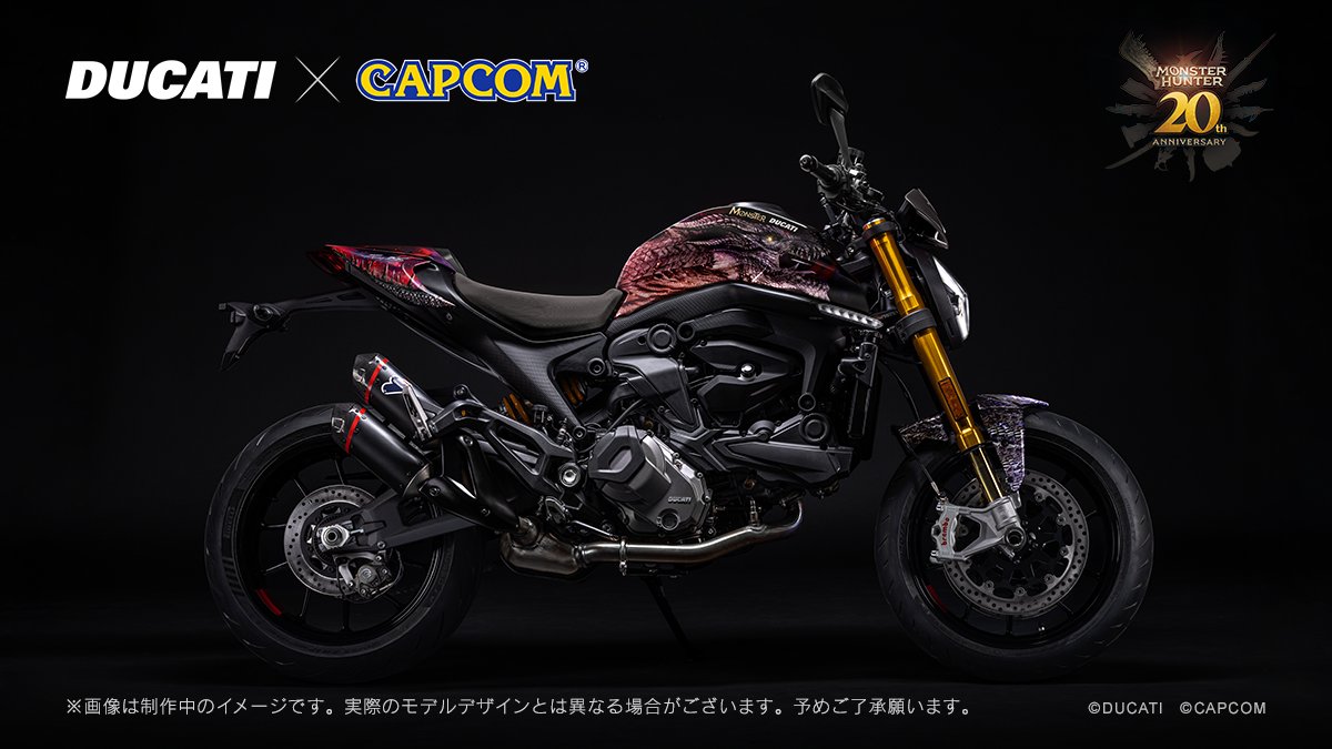 ducati_japan's tweet photo. カプコン ＃モンスターハンター 20周年を記念した、限定コラボデザインのステッカーが、本日より全国のディーラー45店舗にて配布開始！

対象のドゥカティ正規販売店で任意のバイクを1台以上試乗いただくと、各店舗先着100名様限定で、コラボデザインのステッカーがもれなく1枚もらえます。
配布期間は10月5日（土）～10月31日（木）。
数量には限りがあるため、なくなり次第終了となります。

詳細→https://t.co/pAD1ffOAzG

#MH20th　#ドゥカティ　#ドゥカティモンスター