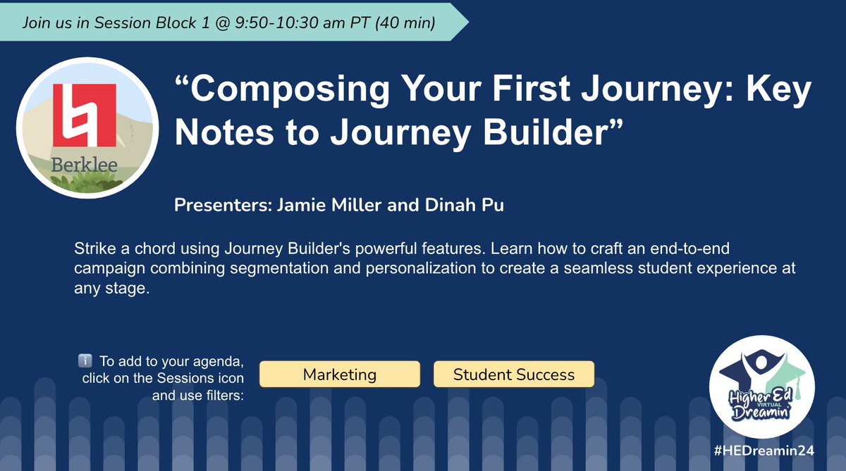 highereddreamin's tweet photo. 🎵 Strike a chord in your marketing! Join experts from @BerkleeCollege at #HEDreamin24 on 11/7/24, "Composing Your First Journey: Key Notes to Journey Builder." #highered #salesforce #marketing. Register here: https://t.co/0LribqbGoJ https://t.co/6JY9I0Jq1t