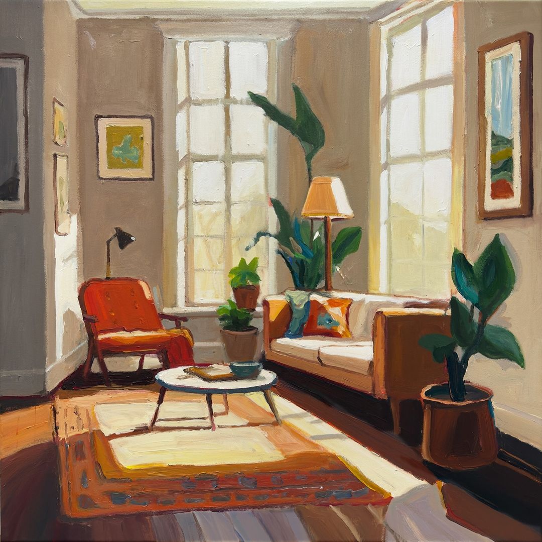 RClaremont's tweet photo. "Orange Interior at Midday" —when the sun pours in and the furniture and shadows start having a quiet conversation of their own. In the middle of the day, a room can glow from the inside out…🌞🧡 85X85cm, acrylic on linen.

#DancingShadows #InteriorArt #richardclaremont https://t.co/aocgh574TN