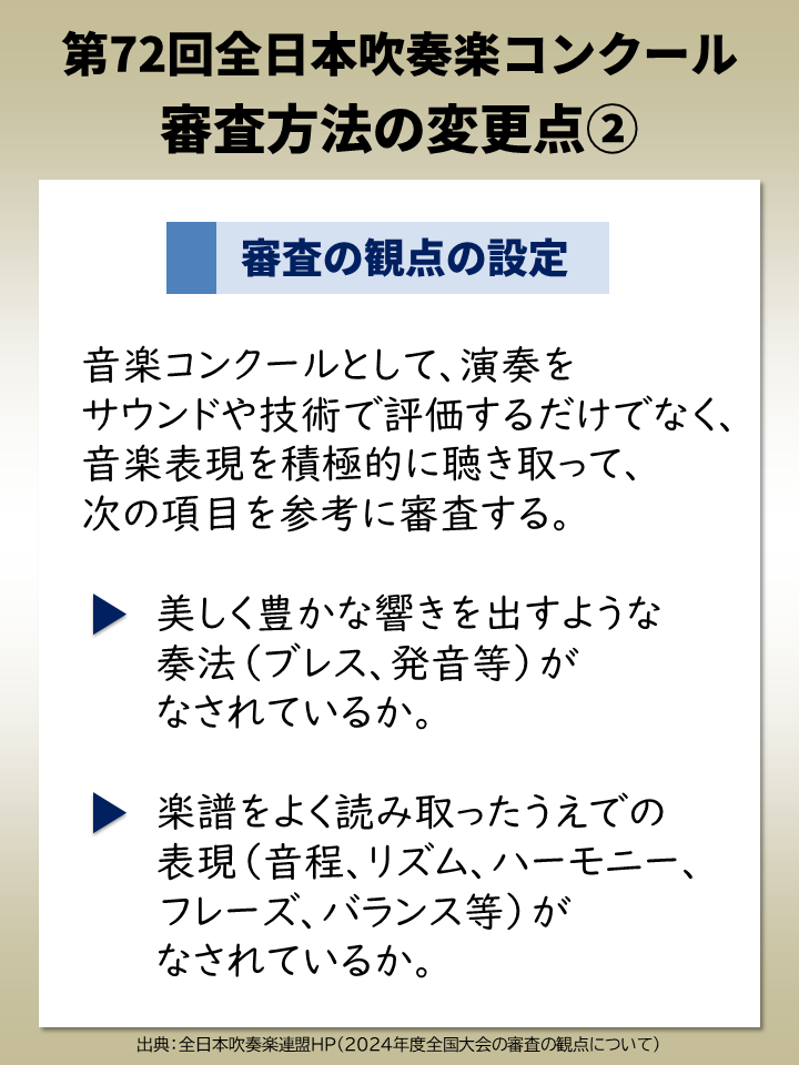 suisougaku_net's tweet photo. 第72回 #全日本吹奏楽コンクール 
【審査方法の変更点まとめ】

全日本吹奏楽コンクール審査内規が変更され、今年から審査・賞の判定方法が大きく変わります。
また、今年の全国大会から「審査の観点」が設けられます。 https://t.co/RJO92qrFKi