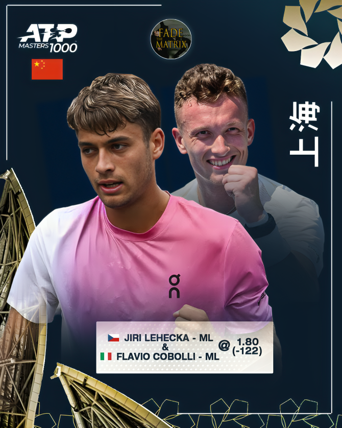FadeMatrix's tweet photo. 🎾 Tennis • ATP • Shanghai 🇨🇳

5 unit play, 2-men parlay.

🇨🇿 Jiri Lehecka @ ML +  🇮🇹 Flavio Cobolli @ ML - 1.80 (-122) 5U

#GamblingX #GamblingTwitter #ATP #FadeTheMatrix #Lehecka #Cobolli https://t.co/RbfGgGX5nc